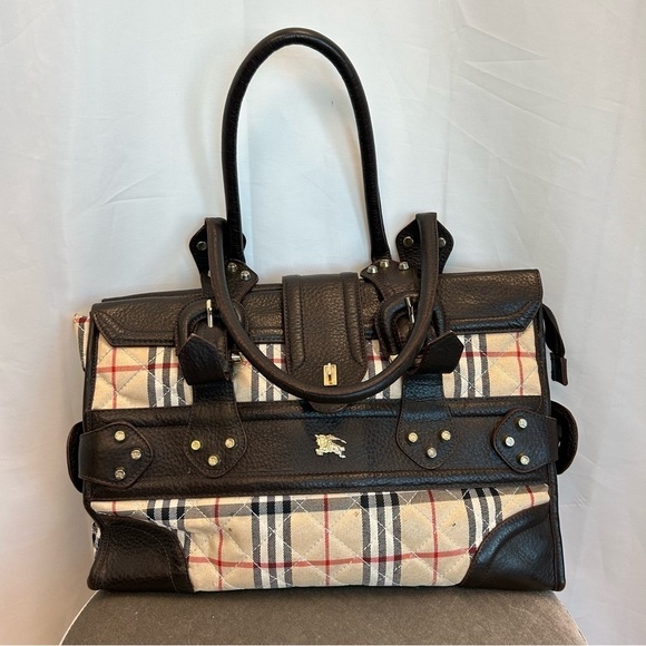 BURBERRY rare unique chocolate brown plaid check nova print cloth bag purse - Picture 10 of 10